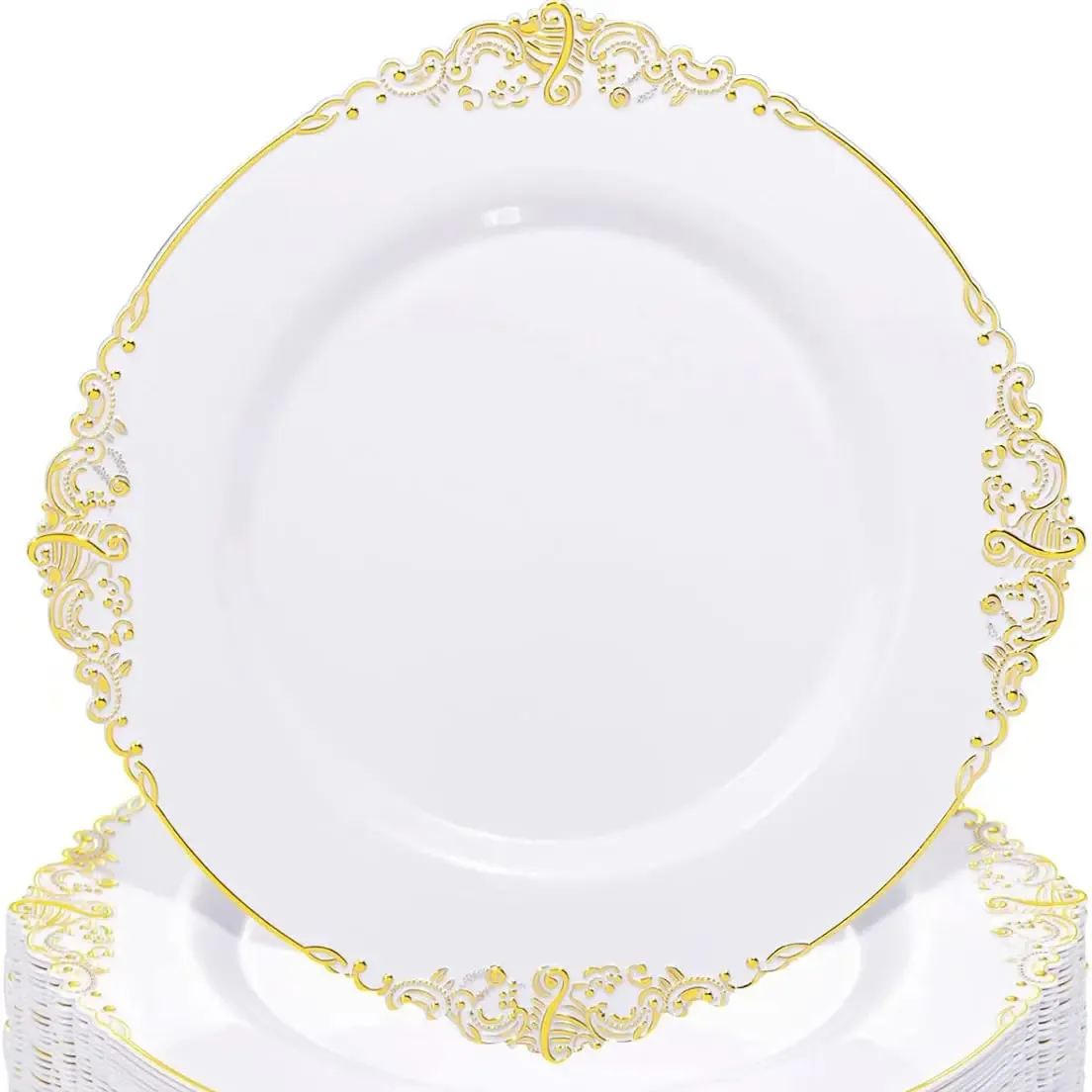 10.25Inch Gold Disposable Table Dinner Wedding Decoration White and Gold Plastic Plates for Weddings & Parties & Thanksgiving