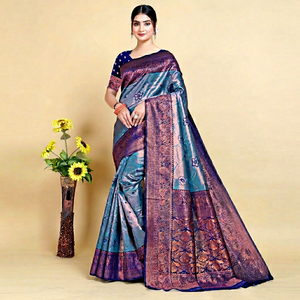 Sari indien traditionnel en soie bleu et violet avec broderie florale Zari, pour femme, idéal pour mariage et festivals, coupe classique, longueur au sol - Product Image 1