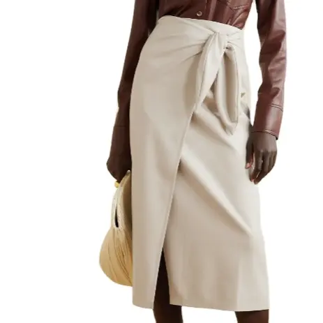 Привлекательная Женская юбка-карандаш из искусственной кожи с высокой талией, женская кожаная юбка до середины икры