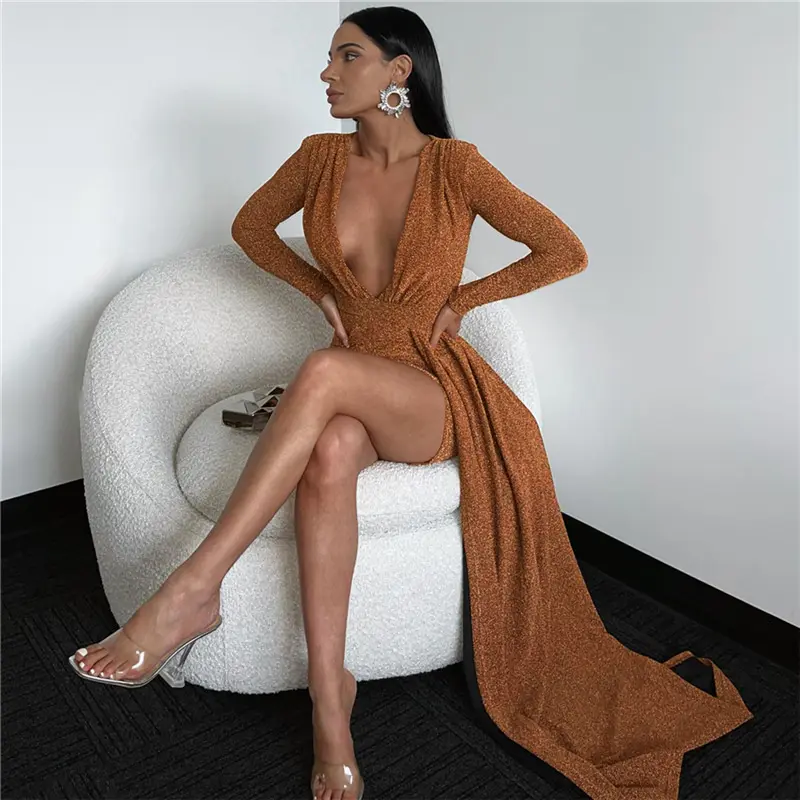 Enyami Elegant Women Deep V Neck Long Sleeve Bodycon Dresses Gown Party Ruched Mini Dress with Long Tie