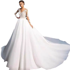 White Satin Ball Gown Wedding Dress High Waist Sweetheart Neckline Vintage Lace Long Sleeve Full Skirt - Product Image 3