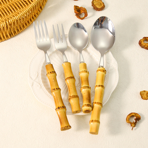 Hot bán thủ công thực sự tự nhiên tre xử lý thiết lập dao kéo thép không gỉ 304 Bạc Set 11 cái dao kéo - Product Image 3