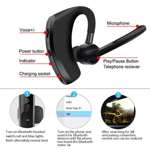 V8 V9 Earphone Gigi Biru Nirkabel, Headset Bisnis Handsfree Kontrol Suara Pengurang Kebisingan dengan Mikrofon untuk Headphone Olahraga Pengemudi