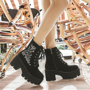 Botines Bordados con Cordones, Otoño 2023, Nuevas Botas de Moda con Parte Superior de PU, Tacón Cuadrado de 8.5cm y Plataforma - Product Image 3