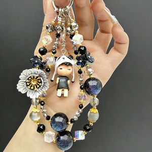 Chaîne de téléphone en cristal noir et gris de luxe, pendentif de poupée personnalisable, <span class=keywords><strong>cordon</strong></span> de téléphone, porte-clés - Product Image 3