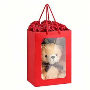 纸袋带窗户红色礼品袋花袋带手柄礼品篮婚礼新娘送礼感恩节