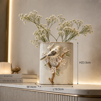 Vase en céramique ovale décoratif style pastoral, motif oiseaux et fleurs en relief 3D, pot de fleurs vintage en porcelaine blanc crème ARM LVG