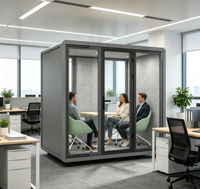 Cabine de travail mobile insonorisée modulaire pour quatre personnes, avec structure en aluminium moderne, pour bureaux et salles de réunion, personnalisable en usine