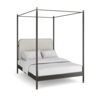 Lit plateforme minimaliste en fer forgé noir, style luxe discret et moderne, avec tête de lit à tiges, pour chambre principale