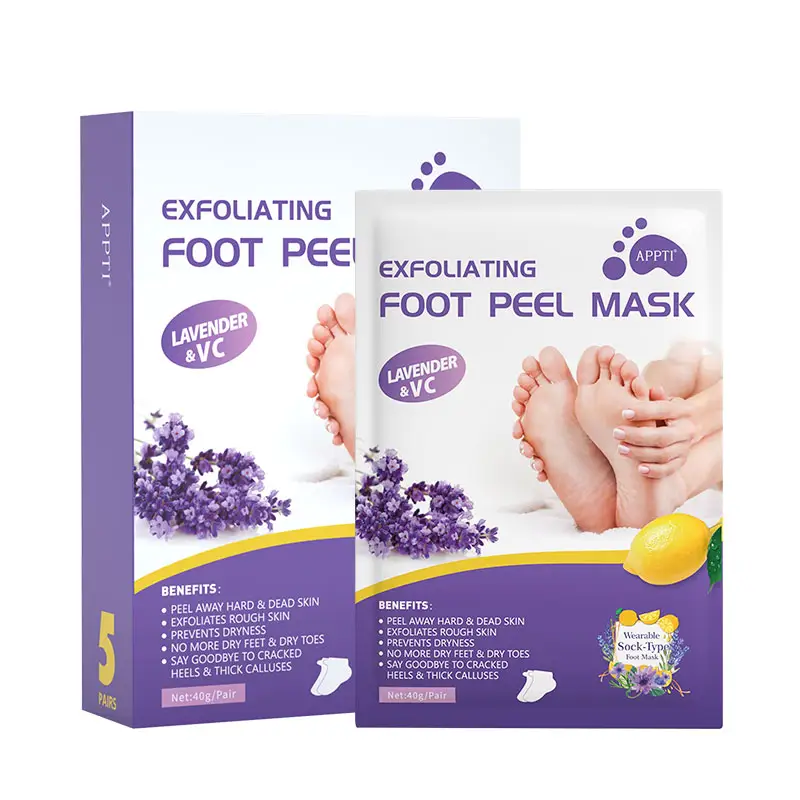 Private Label Appti Lavendel Verwijdering Eelt Crack Hiel Exfoliërende Sok Voet Maskerende Schil Voor Pedicure Voeten Spa Peel Voetmasker