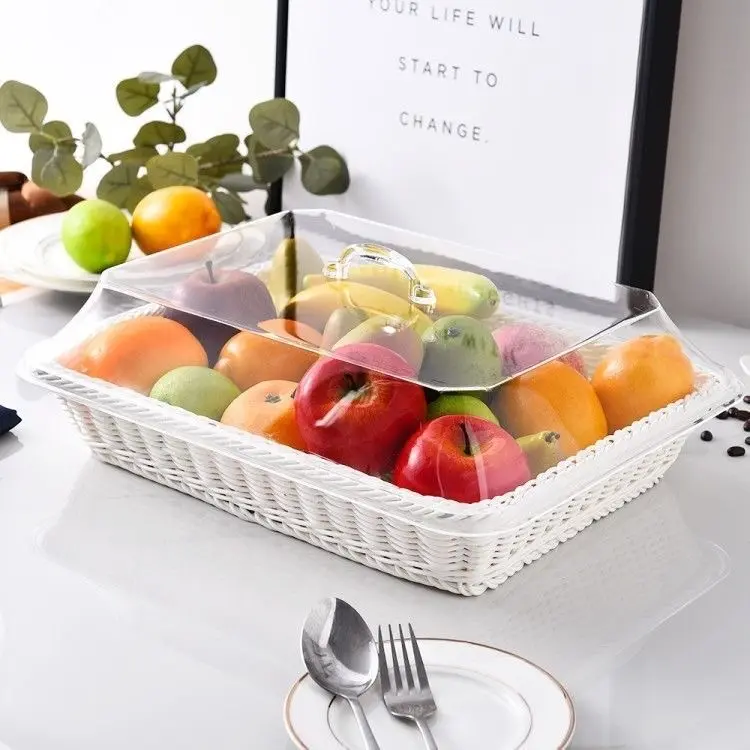 Small Fruit PP Rattan Rectangular Storage Baskets Kitchen Food Bread Weave Plastic Woven Basket With Lid Plastic Serving Tray