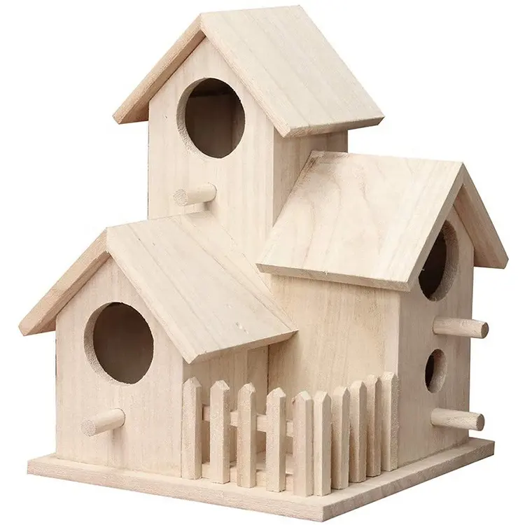 Manufacture natural wood decorative four hole wooden birdhouse custom logo wholesale outdoor garden wood nest bird cage house