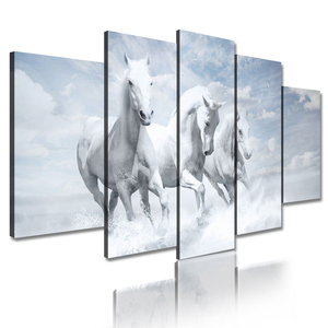 Affiche moderne personnalisée de peintures à l'huile d'animaux 5 panneaux cheval blanc toile imprimée Art cadre mural oeuvre pour la décoration intérieure - Product Image 3