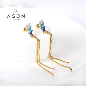 Ason Fashion jewelry Stainless steel sparkly 18k gold plating pvd drop earrings Colour mixture lightning bolt earrings for women