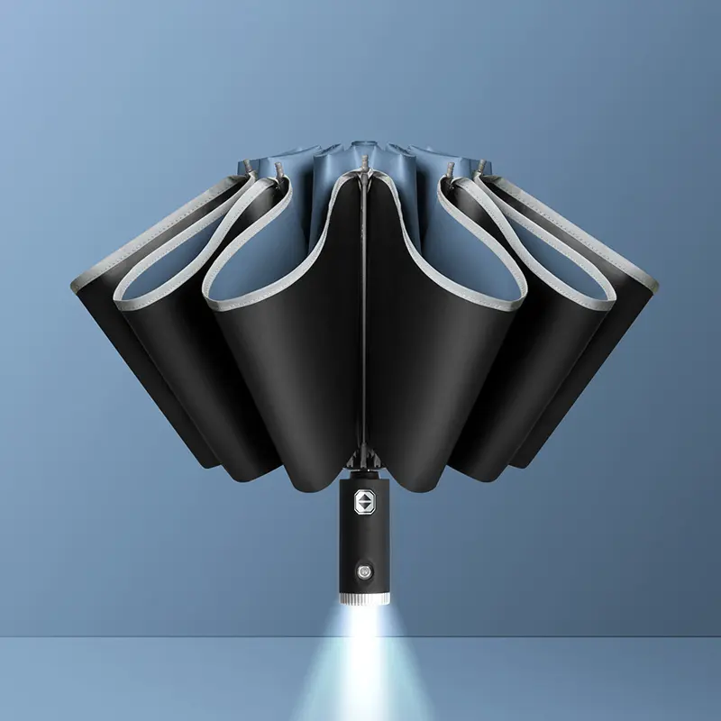 Automatische Open Gesloten Omgekeerde Led Paraplu Met Reflecterende Strip 3-opvouwbare Zakelijke Omgekeerde Paraplu Met Licht