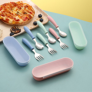 Juego de cubiertos de acero inoxidable 304, tenedor y cuchara de dibujos animados para niños, cuchara para comer para bebés, tenedor para postre, cuchara portátil para alimentación. - Product Image 2