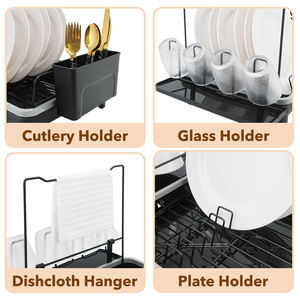 מתקן אחסון צדדי לכיור מברזל, מתקן ייבוש כלים עם מחזיק סכו\\\"ם, מתקן ייבוש מטליות, מעמד לכוסות, צינור ניקוז, רגליים מוגבהות - Product Image 4