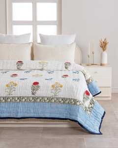 Couvre-lit Kantha réversible en coton blanc à motifs floraux, imprimé à la main, léger, couverture de lit - Product Image 1