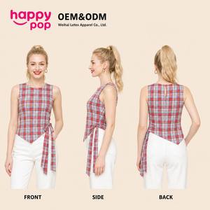 <strong>Tartan</strong> Sleeveless <strong>Top</strong> <strong>Women's</strong> Crew Neck Asymmetrical Hem Tie Detail Keyhole Back Custom OEM ODM Plaid Printed Bow Tie Tank <strong>Top</strong> - Product Image 1