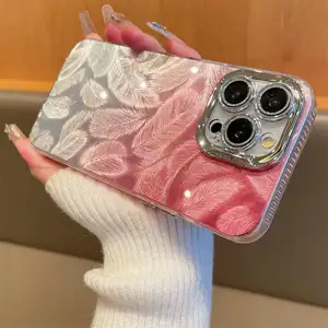 Film lensa berlian casing pelindung ponsel untuk iPhone 15 Pro penutup ponsel bling pola bulu untuk iphone15 14 13 12 11