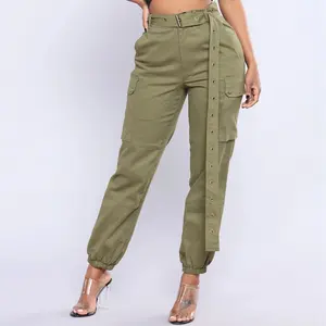 2020 कस्टम गिरावट आकस्मिक कपास टवील प्रेमी महिला खिंचाव बेल्ट pantalones उच्च waisted लंबी पतलून कार्गो देवियों महिलाओं पैंट