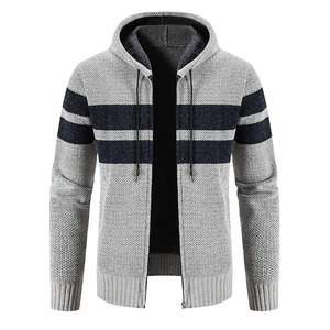 High Quality Custom <b>Men</b> Fleece-Lined Striped Hooded <b>Cardigan</b> Winter Full-Zip Breathable Knit Anti-Pilling Polyester In-Stock - Product Image 1