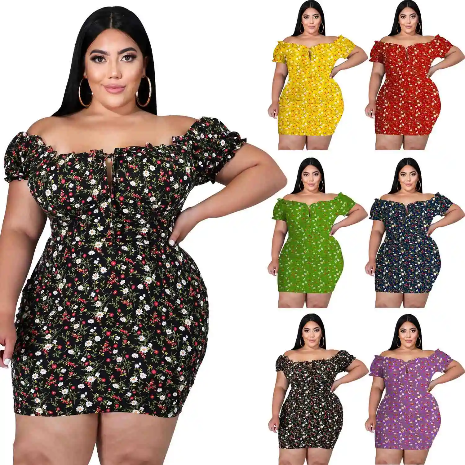 yys plus size 2021 fashion summer floral print short sleeves off shoulder casual mini dress