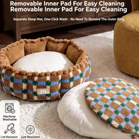 Coussin pour chat chaud automne-hiver, rétro, en peluche à carreaux, rond, en polaire Sherpa, rembourrage en coton PP, amovible et lavable