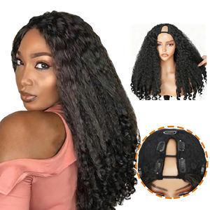 V-part Bouncy Yaki Curly Synthetic Glueless Natural Part <b>Afro</b> Kinky Curly Deep Wave <b>Wig</b> Natural Black Fluffy High Temperature - Product Image 2
