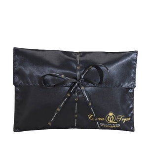 High End Hair Bundles Clothing Satin Pouch Bag with logo Luxury Black Satin <b>Envelope</b> Gift Bag with Ribbon - Product Image 2