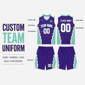Seragam Basket Remaja Geometris Ungu Mint Kustom, Set Jersey Berbahan Mesh Bernapas dengan Kerah V untuk Liga Basket Kampus - Product Image 6