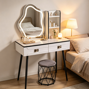 Modern Makeup Vanity <b>With</b> Lighted <b>Mirror</b> Storage <b>Drawers</b> Bedroom <b>Dressing</b> <b>Table</b> <b>With</b> Stool - Product Image 5