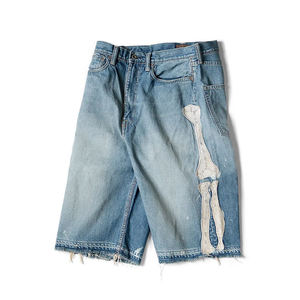 Custom Bones Logo <b>Patch</b> Denim <b>Shorts</b> <b>Men</b> Raw Hem Washed Distressed Jorts Straight High Quality Baggy Jean <b>Shorts</b> - Product Image 3