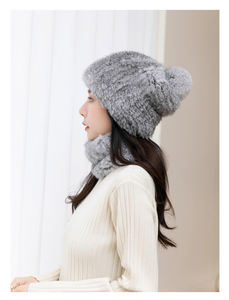 YR752 accepter la fabrication personnalisée de qualité supérieure <span class=keywords><strong>tricoté</strong></span> à la <span class=keywords><strong>main</strong></span> avec un ensemble de foulard et de chapeau en fourrure de lapin véritable élastique - Product Image 2