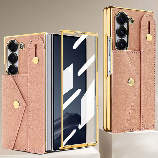 VIETAO Pink PC PU Leather Kickstand Phone Case for for Z Fold 7/6/5 Card Slot Wristband Front Screen Protector