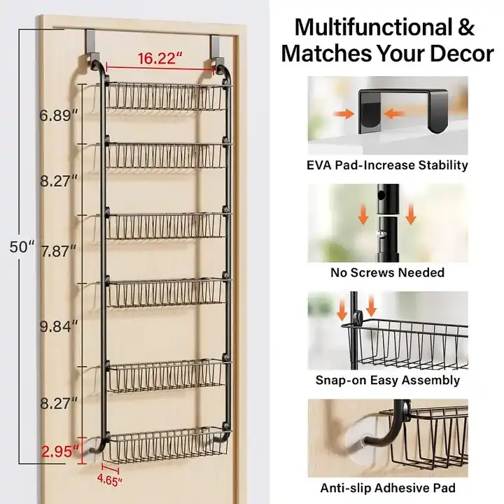 Au-dessus de la porte garde-manger organisateur 6 niveaux robuste porte en métal stockage réglable suspendu cuisine étagère à épices