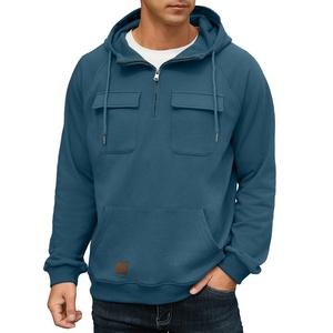 Sudadera con capucha tipo cargo para hombre, con cremallera de un cuarto, estilo táctico, informal, para gimnasio, atlética, holgada, 100% algodón, transpirable para verano - Product Image 3