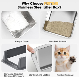 Caja de arena para gatos de acero inoxidable con lados altos y tapa abierta, con pala para arena y tapete para arena. - Product Image 6