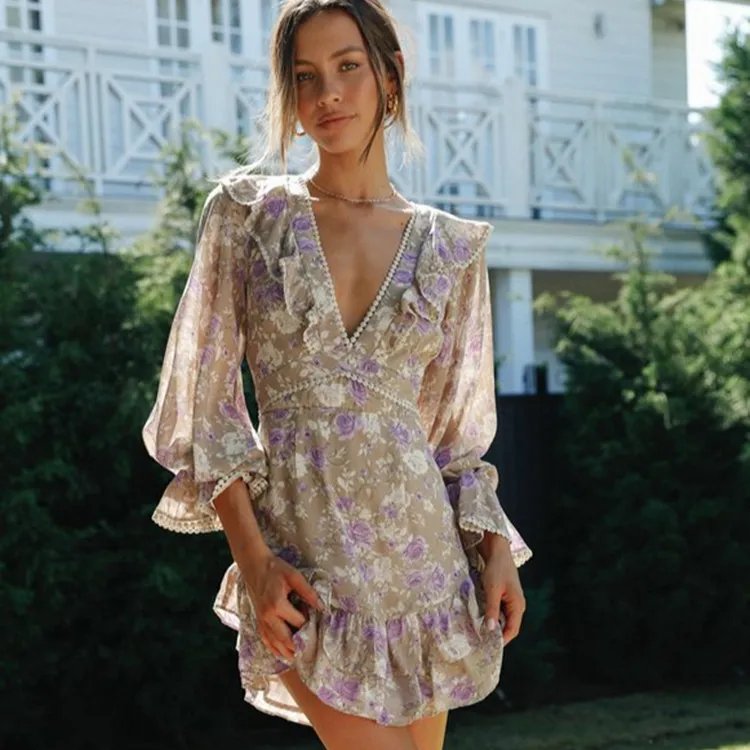 Ladies Fashion backless v neck Hollow out bubble sleeve boho embroidery dress beaded floral print ruffles beach causal dress
