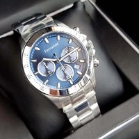 Montre de Sport pour hommes, grand cadran bleu, pointeur simple, chronographe multi-sous-cadran, Bracelet en acier inoxydable, Quartz, résistant à l'eau 50M