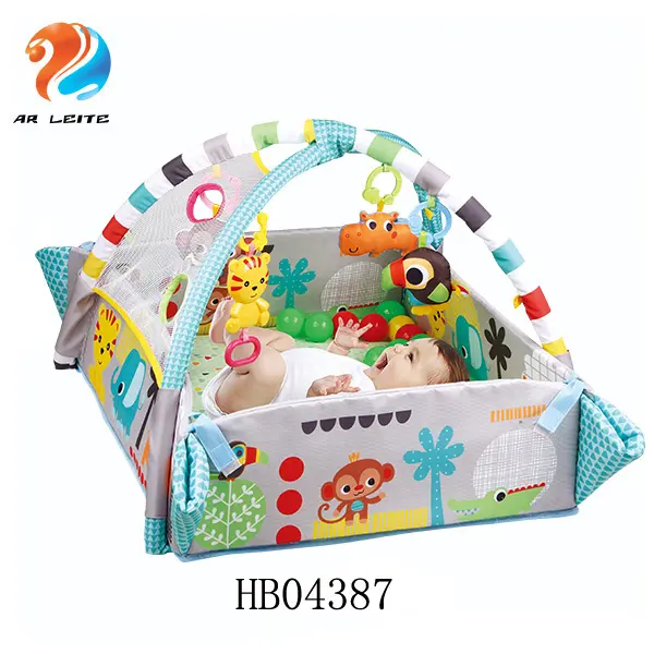 Wholesale factory price baby activity gym mat with EN71 certificate cotton baby ball pit with 4 hanging toys
