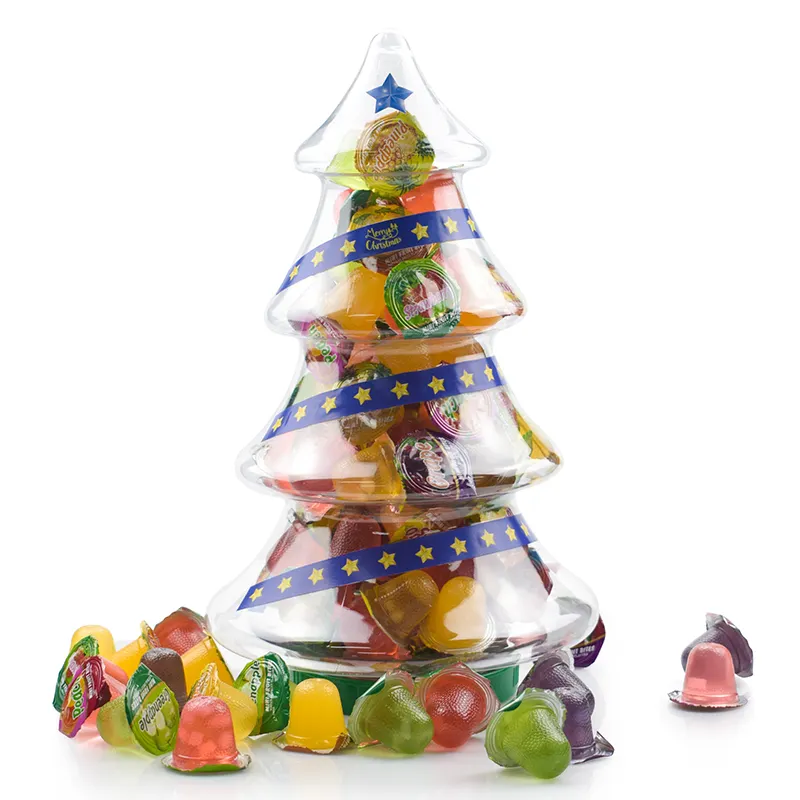 新しいクリスマスツリーギフトハラールライチ味ココナッツゼリープリンミニフルーツチェロキャンディーボールとスティックの形