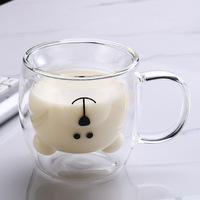 Vente en gros, fait à la main, marron, transparent, rond, 250ml, ours à double paroi, tasse en verre avec poignée