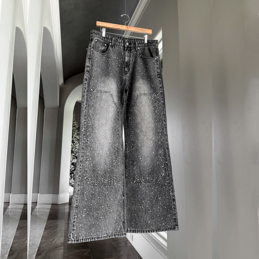Double Denim Glam Rock Denim Jeans With Rhinestones Stylish