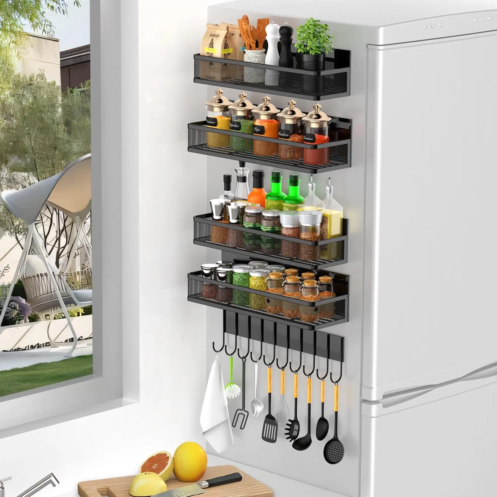 Removable Metal Wall Mount Single Tier Fridge Magnetic Spice Rack For Refrigerator With Hooks