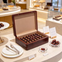 Boîte à chocolat carrée en bois avec couvercle sculpté, fermeture magnétique, doublure en PU, logo personnalisé pour l'emballage de noix séchées et de desserts de luxe