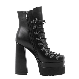 महिलाओं का बड़ा आकार 46 फीता टखने के जूते चौड़े उच्च चूकी एड़ी के जूते डबल लेयर प्लेटफॉर्म साइड जिपर बूटीज़ - Product Image 6