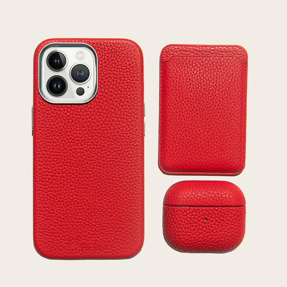 Custom cute design phone case leather luxury red genuine pebble leather for iphone case