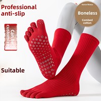 Chaussettes de yoga tricotées à 5 doigts en coton (90 %) rouges, rayées, mi-mollet, antidérapantes, pour l'automne, fitness intérieur, Pilates, sport pour femmes