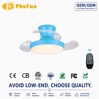 Ventilateur de plafond compact à pales rétractables avec lumière LED dimmable, profil bas, boîtier bleu, télécommandé, idéal pour les chambres d'enfants